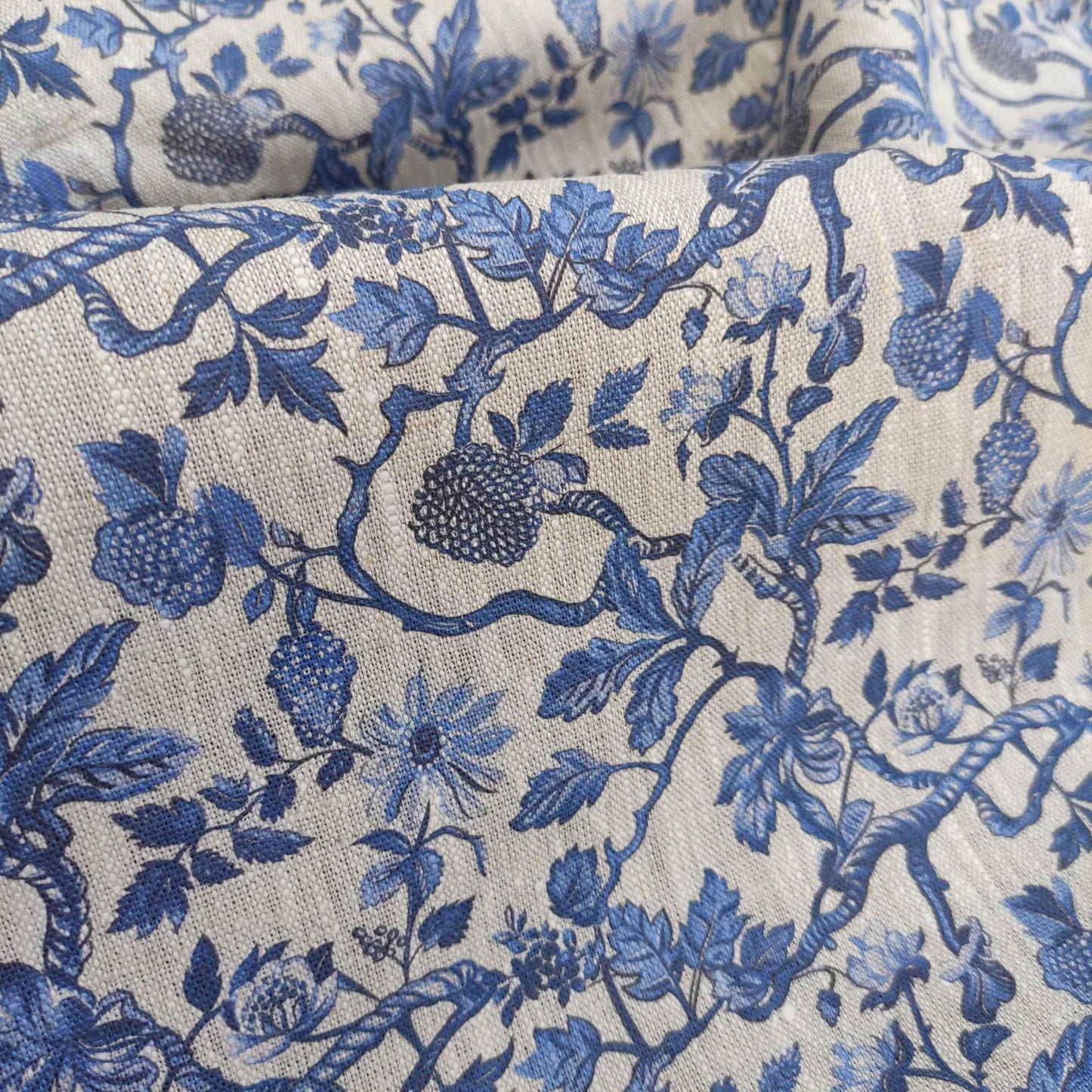 100% LINEN Fabric french blue block print on oatmeal natur linen, floral toile de jouy fabric, French linen floral upholstery 337