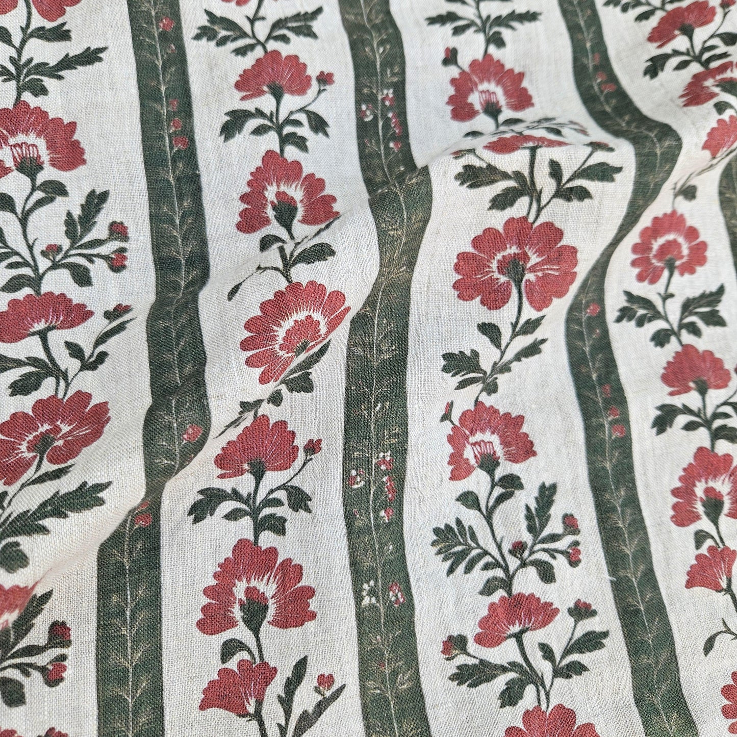 100% LINEN Fabric floral stripe block print oatmeal linen - green red gray heavy fabric upholstery - medium weight linen dress making 2506