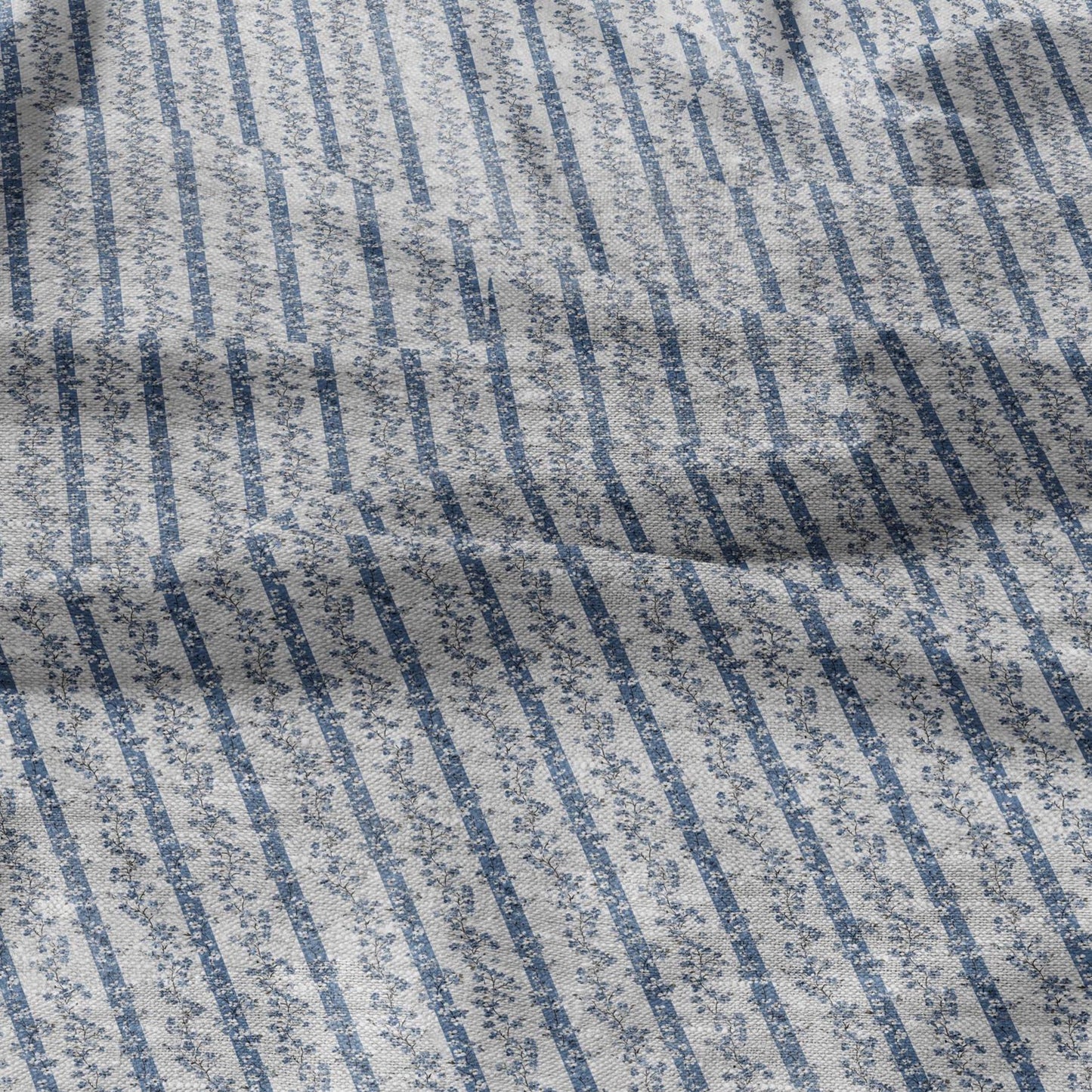 100% LINEN Fabric floral stripe block print on oatmeal linen - blue gray heavy fabric for upholstery - medium weight linen dress making 2502