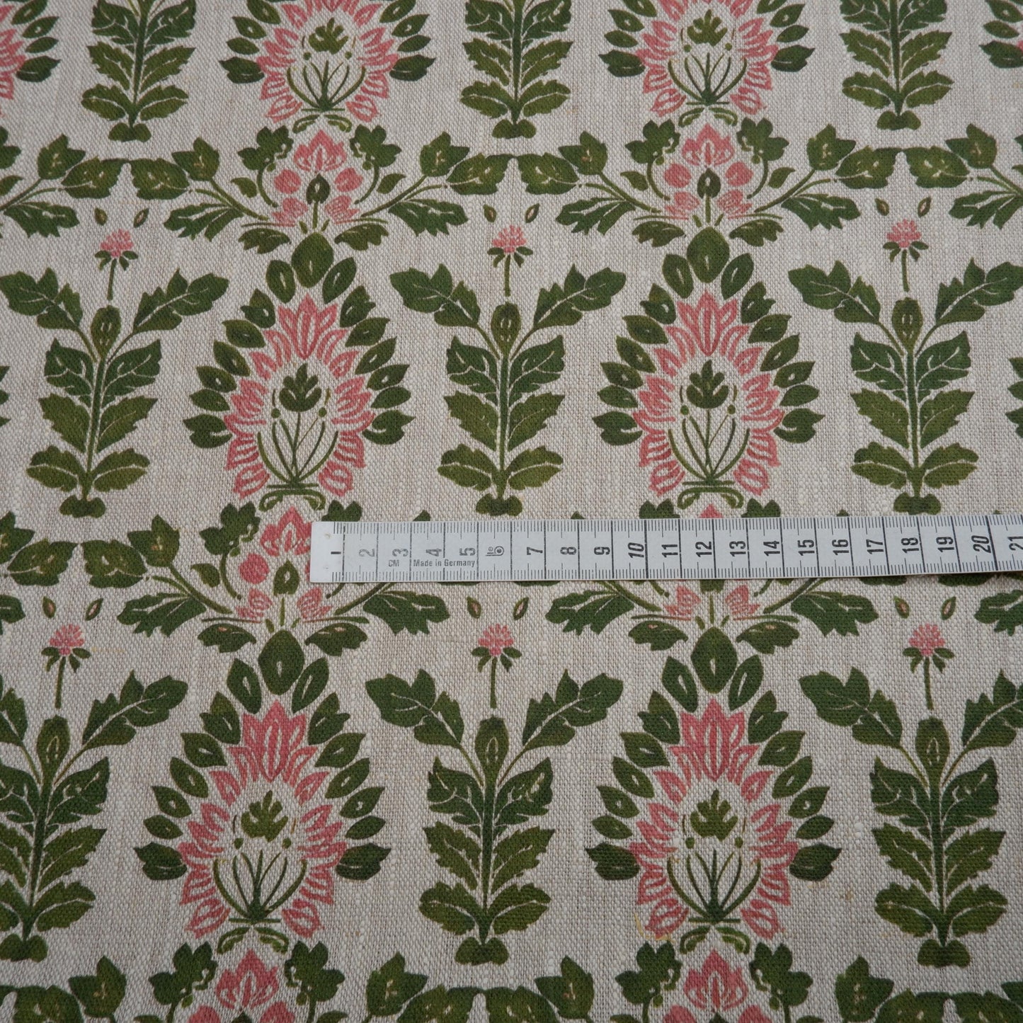 100% LINEN Fabric block print floral pink green on grey, oatmeal natur linen fabric with botanical print for upholstery home decor