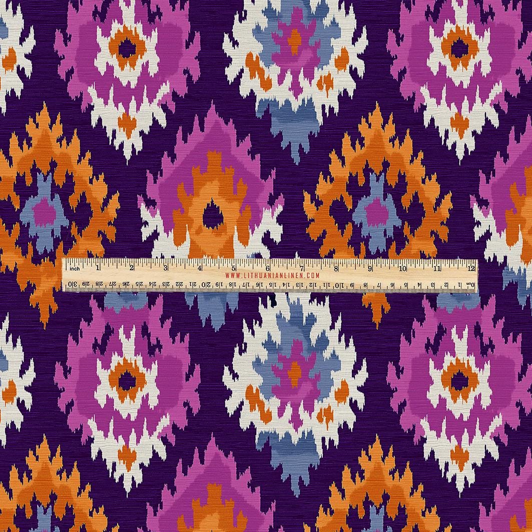 100% LINEN Fabric UPHOLSTERY 12oz - Ikat purple - Modern Vintage Grandmillennial geometric upholstery 2987