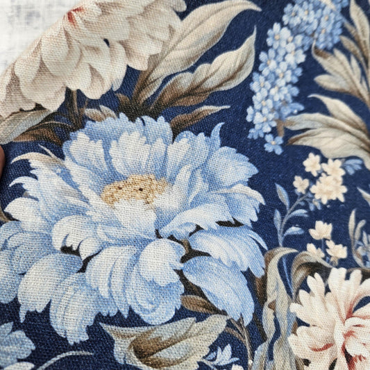 100% LINEN Fabric blue floral DAHLIAS, white blue botanical fabric with floral print, indian block print on linen linen 2578