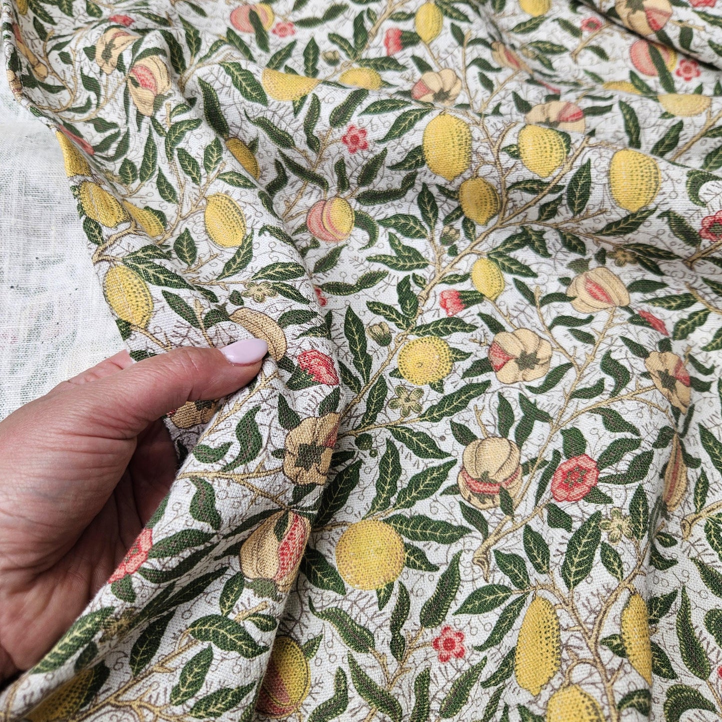 100% linen fabric with William morris Pomegranate print -Art crafts Victorian flax fabric upholstery heavy or medium dressmaking 2742