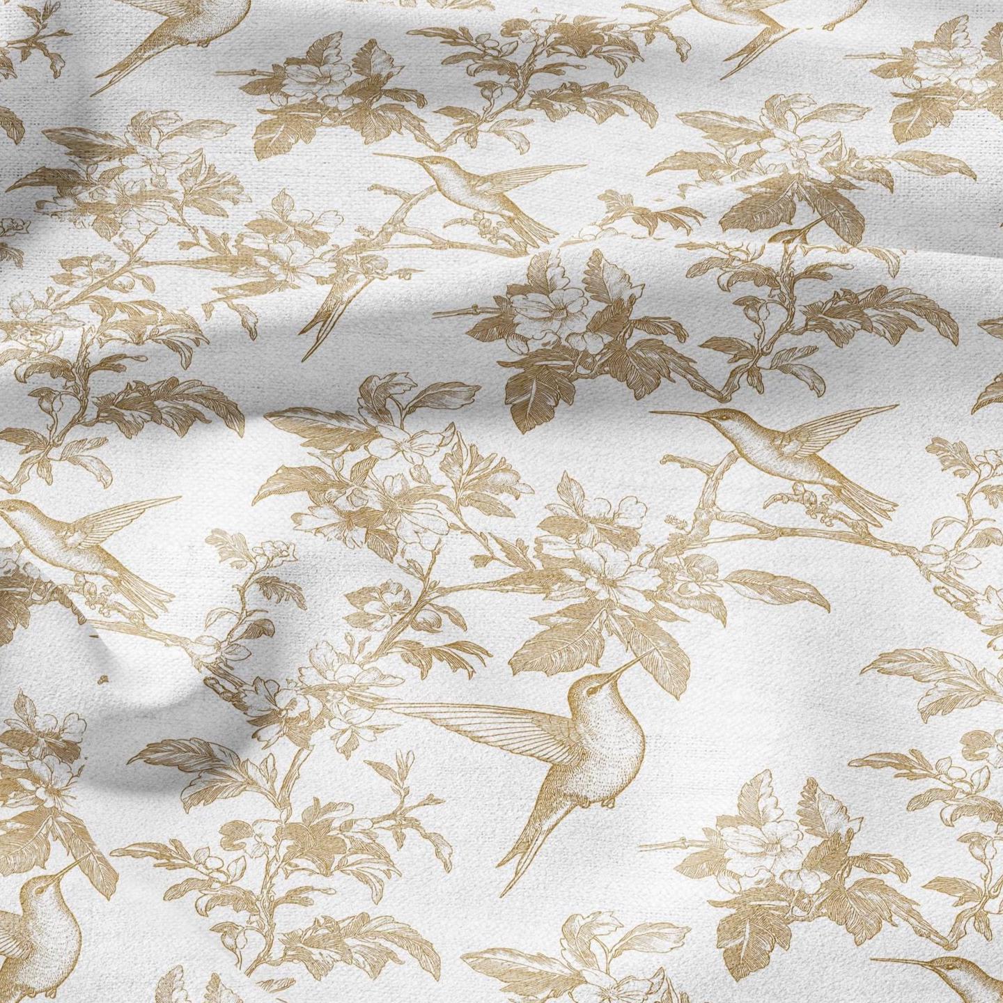 100% LINEN Fabric beige hummingbird print on white linen - floral botanical French Provence style - linen upholstery sewing dress 2040