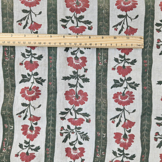 100% LINEN Fabric floral stripe block print on oatmeal linen - green red gray heavy fabric for upholstery - medium weight linen dress making