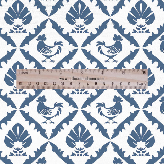100% LINEN Fabric blue rooster farm on white linen - indigo blue countryside fabric for uphlstery heavy / medium for clothing 2581