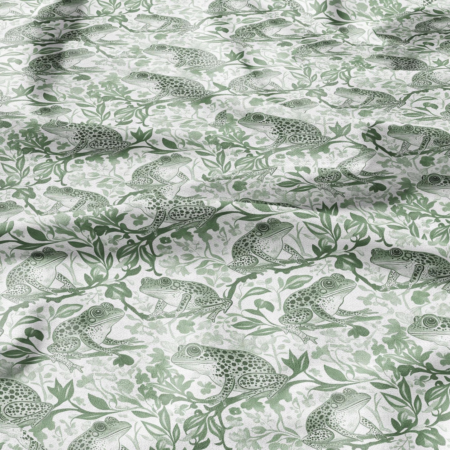 100% LINEN Fabric toile de jouy Frog Nautical print - green white linen fabric with blue coastal print for upholstery home decor