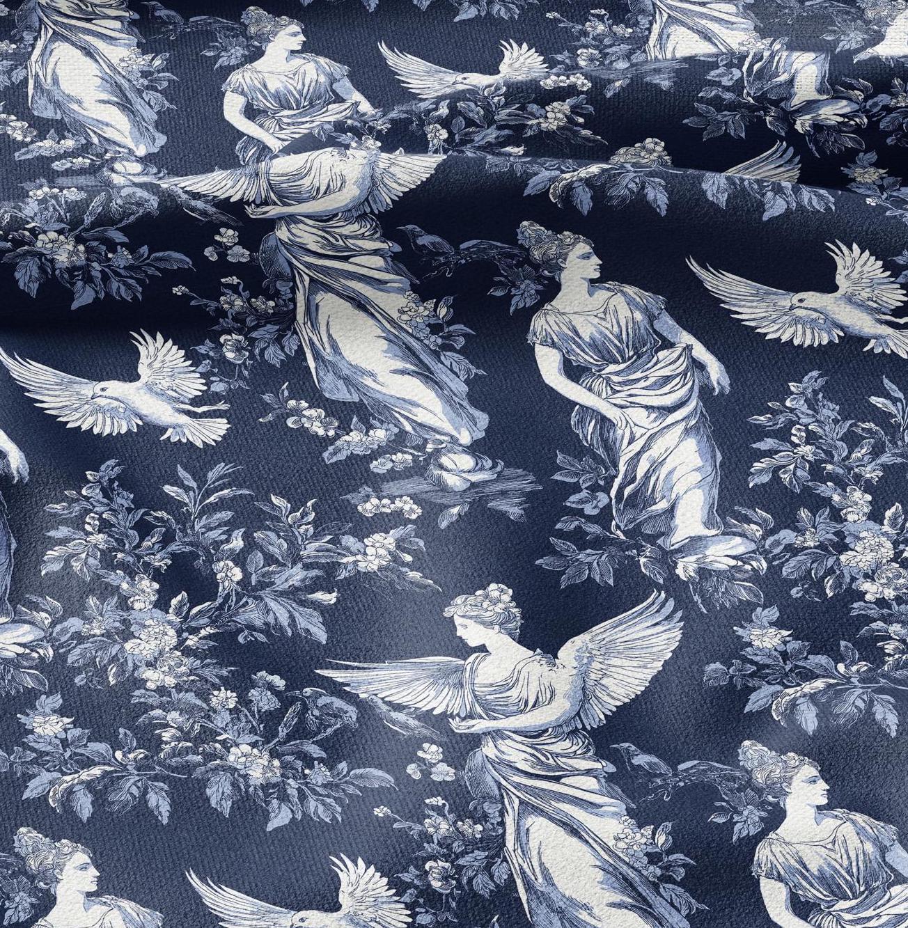 100% LINEN Fabric block print Greek Goddesses - white linen fabric with indigo blue print - heavy linen fabric for upholstery home decor