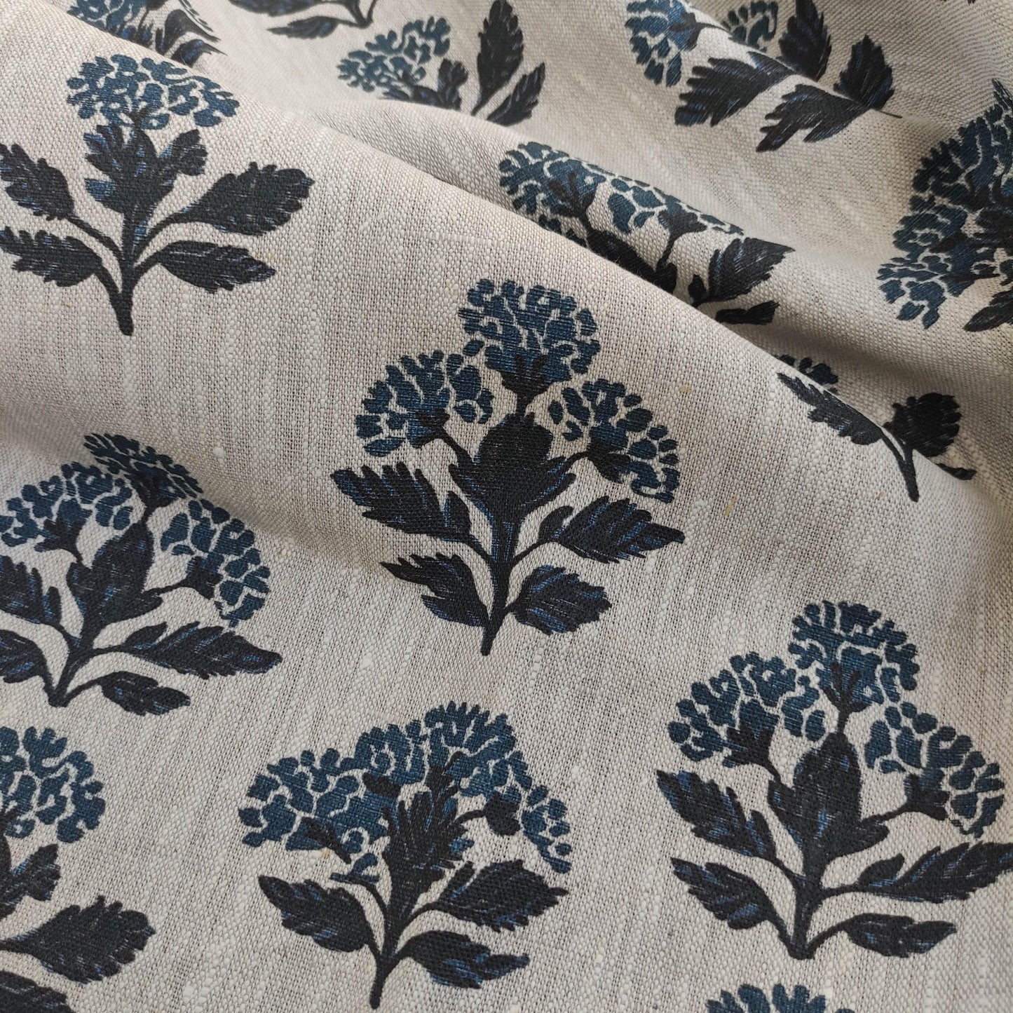 100% LINEN Fabric hand block print flowers - oatmeal linen fabric with blue green print Achillea - fabric for home decor upholstery