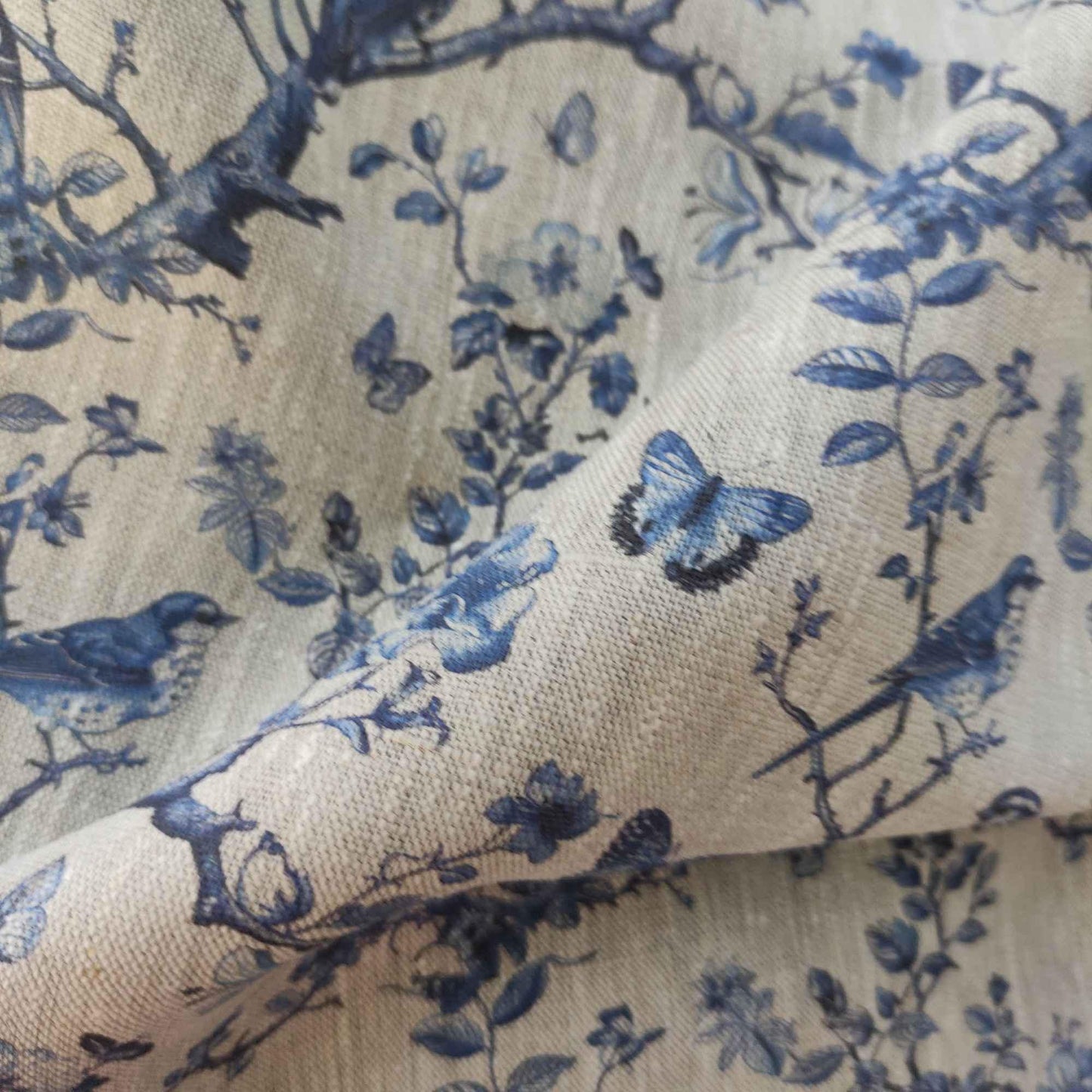 100% LINEN Fabric french blue block print on oatmeal natur linen, floral toile de jouy fabric, French linen floral upholstery