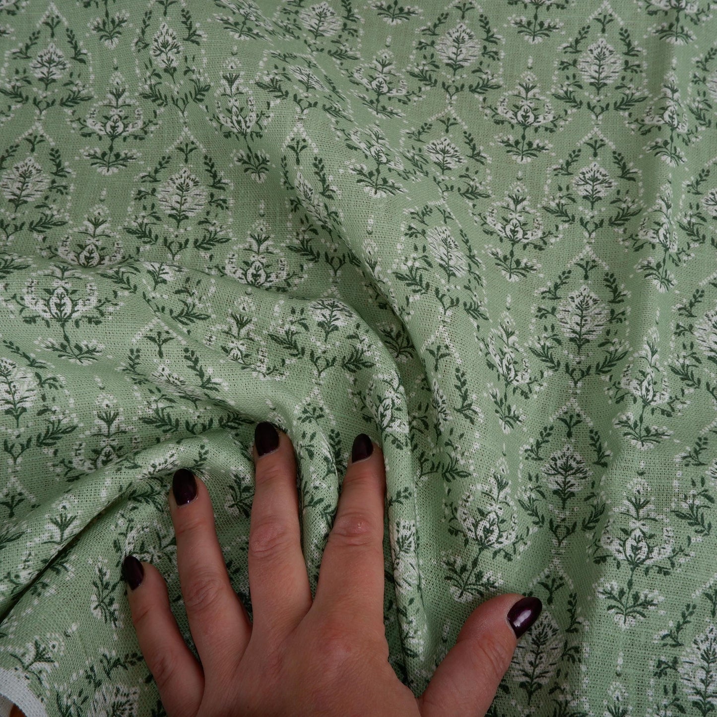 100% LINEN Fabric in floral block print - botanical mint green linen fabric for upholstery home decor curtains dress making pillowcases