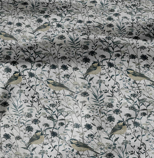 100% LINEN Fabric floral with birds meadow print - heavy linen fabric with pale green print for upholstery home decor curtains pillowcases