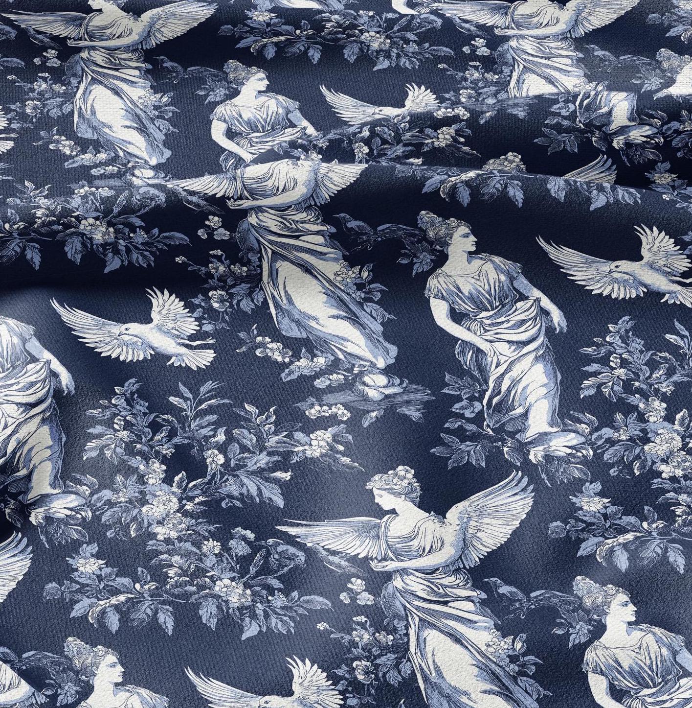 100% LINEN Fabric block print Greek Goddesses - white linen fabric with indigo blue print - heavy linen fabric for upholstery home decor