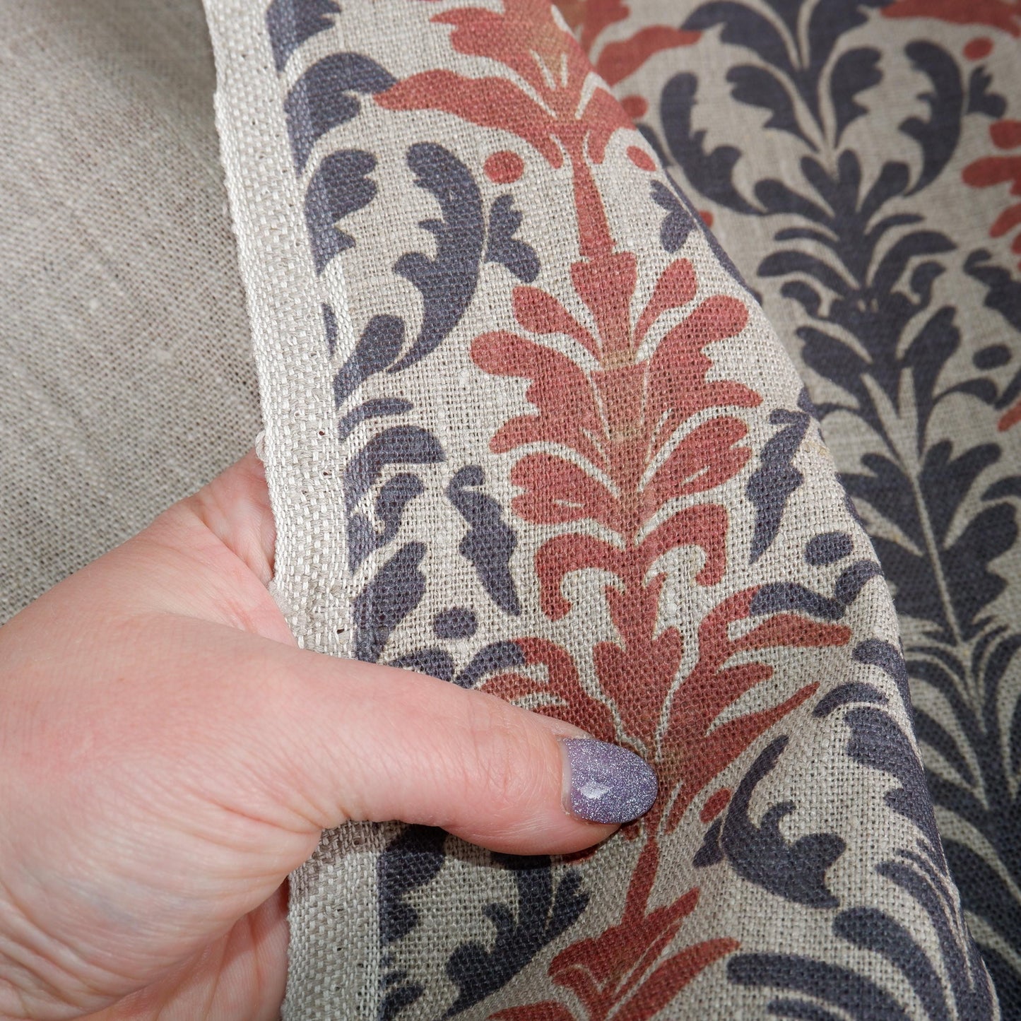 100% LINEN Fabric block print on oatmeal linen - linen fabric floral upholstery dress making curtains home textile
