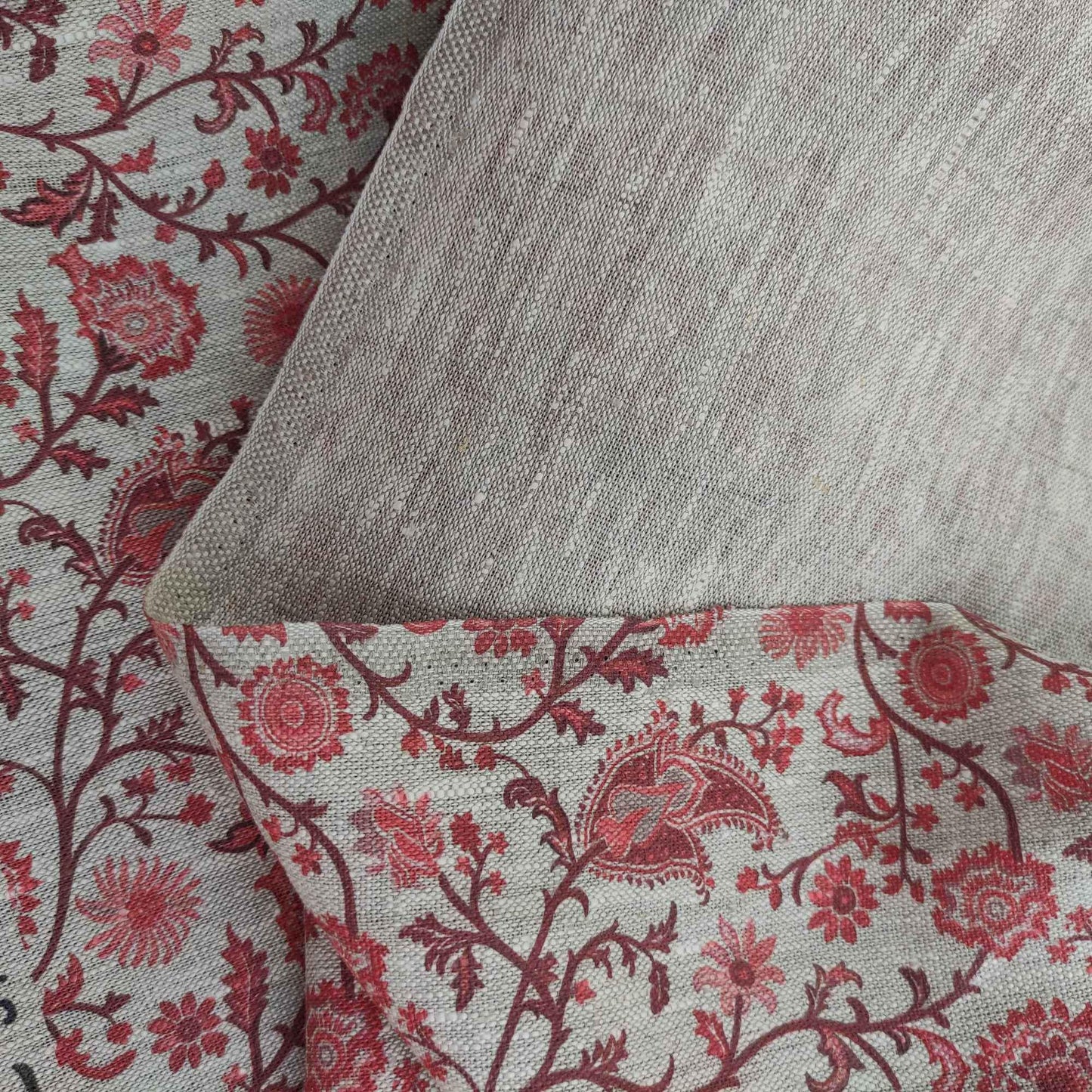 100% LINEN Fabric Toile de Jouy Paisley flowers, oatmeal natur linen fabric with red print, French linen fabric upholstery