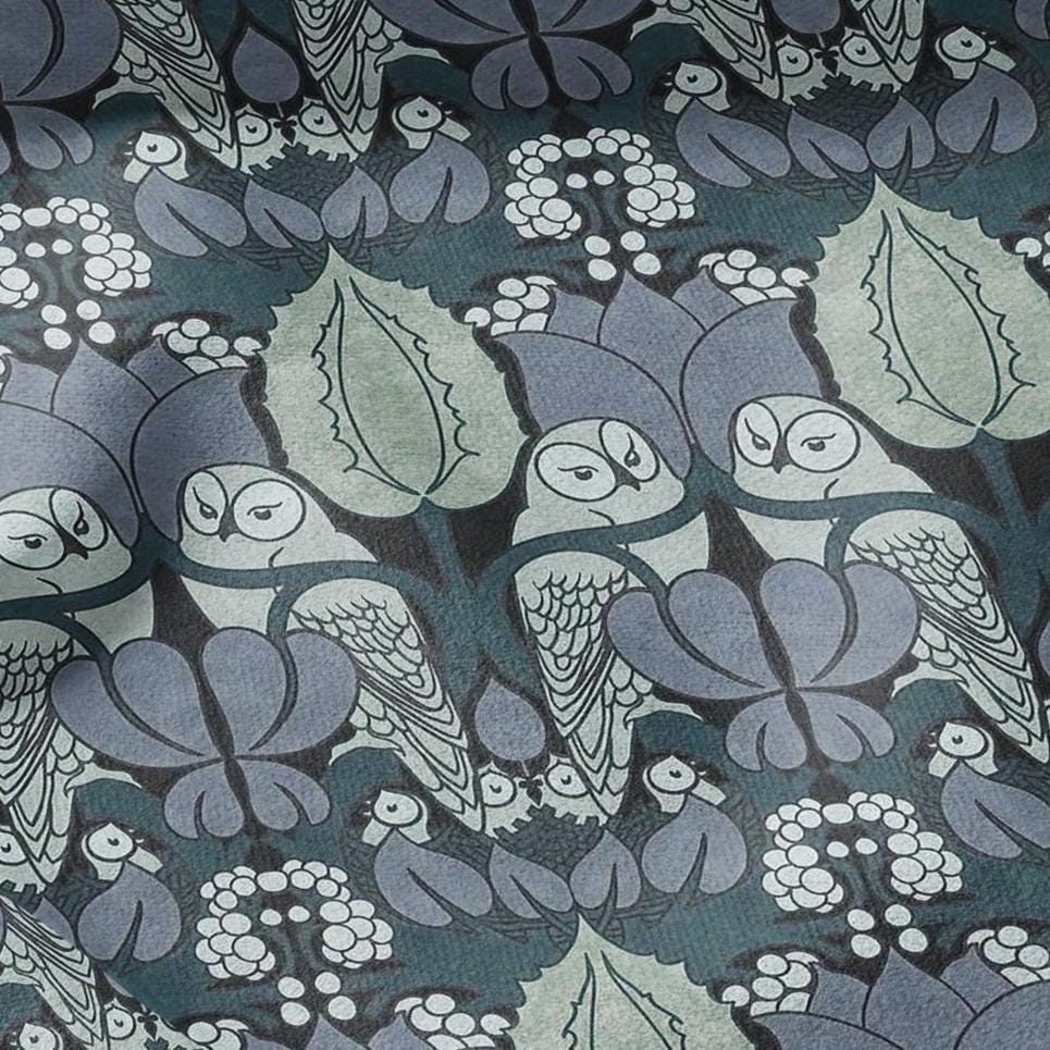 Owl Voysey blue print on 100% LINEN - Victorian Art crafts linen Fabric - botanical Historical upholstery home textile