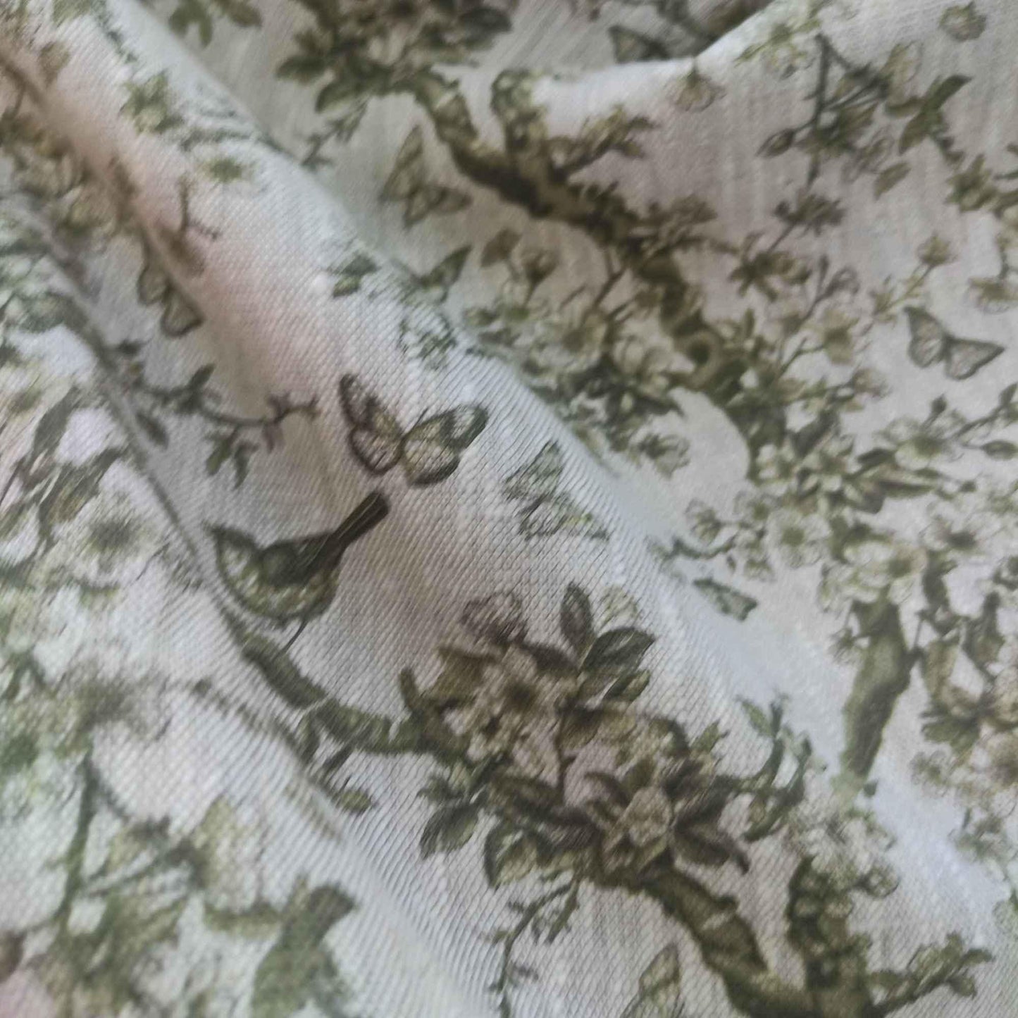 100% LINEN Fabric Toile de Jouy green, oatmeal natur linen fabric with green print, French linen fabric upholstery trees branches with birds