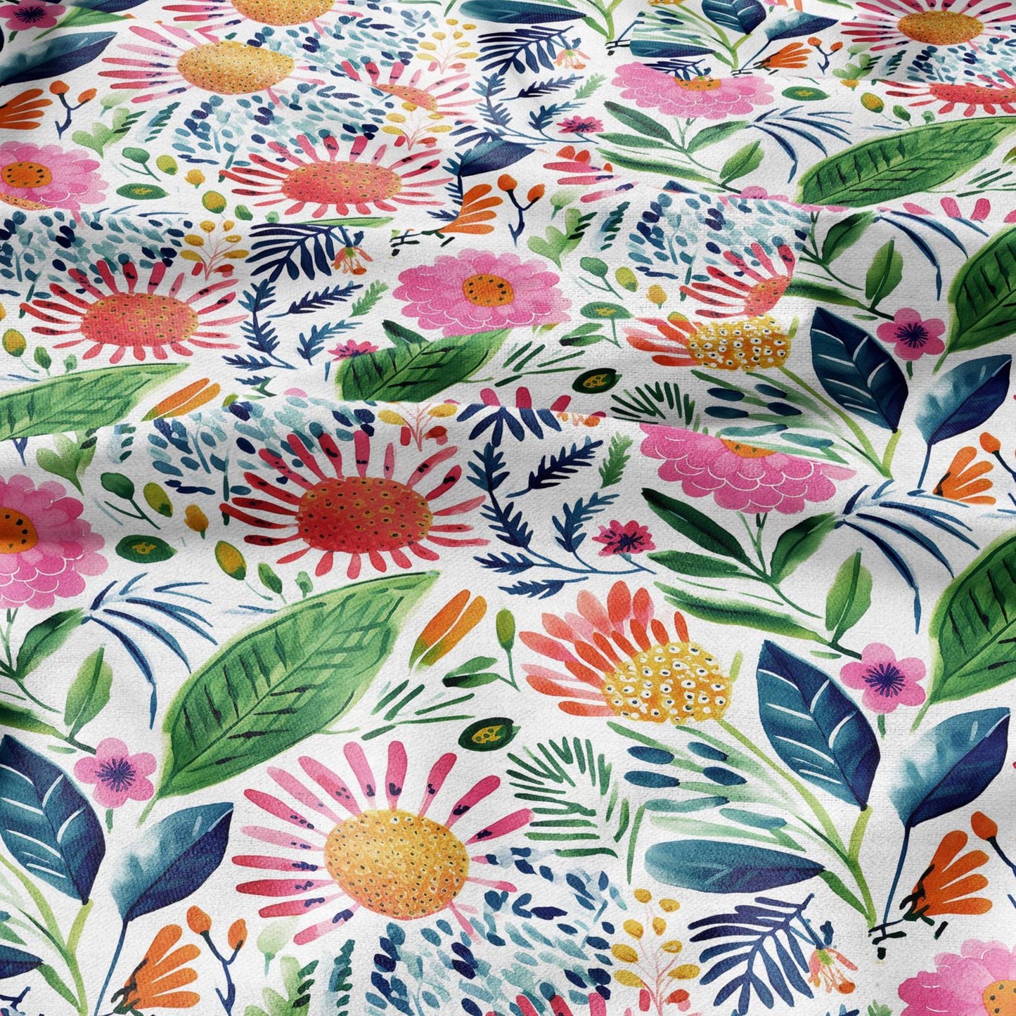 100% LINEN Fabric block print colorful bold flowers - Scandinavian Modernism floral print - heavy for upholstery medium for dressmaking 2029
