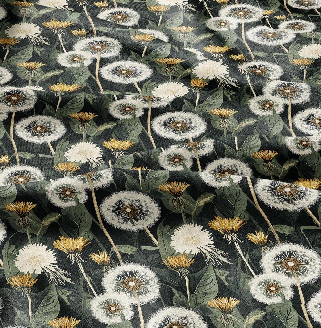 100% linen Dandelion field print - floral green yellow linen fabric Historical pattern for upholstery dress making curtains