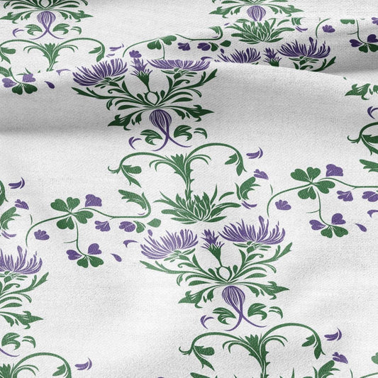 100% LINEN Fabric block print purple green white Thistle - Scandinavian floral print - heavy for upholstery medium for dressmaking 2004