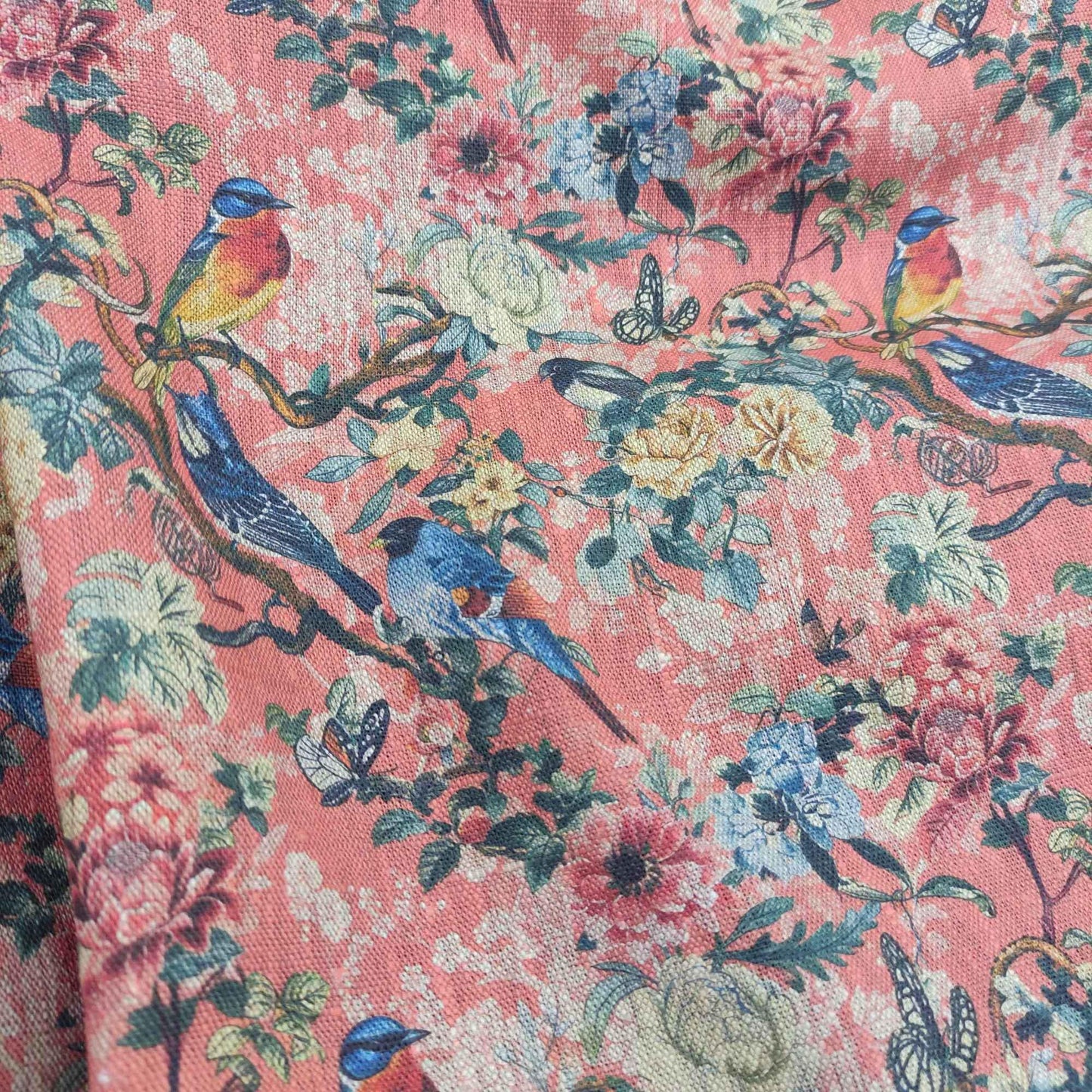 100% LINEN Fabric Toile de Jouy with flowers and birds, pink botanical print linen fabric for home decor upholstery