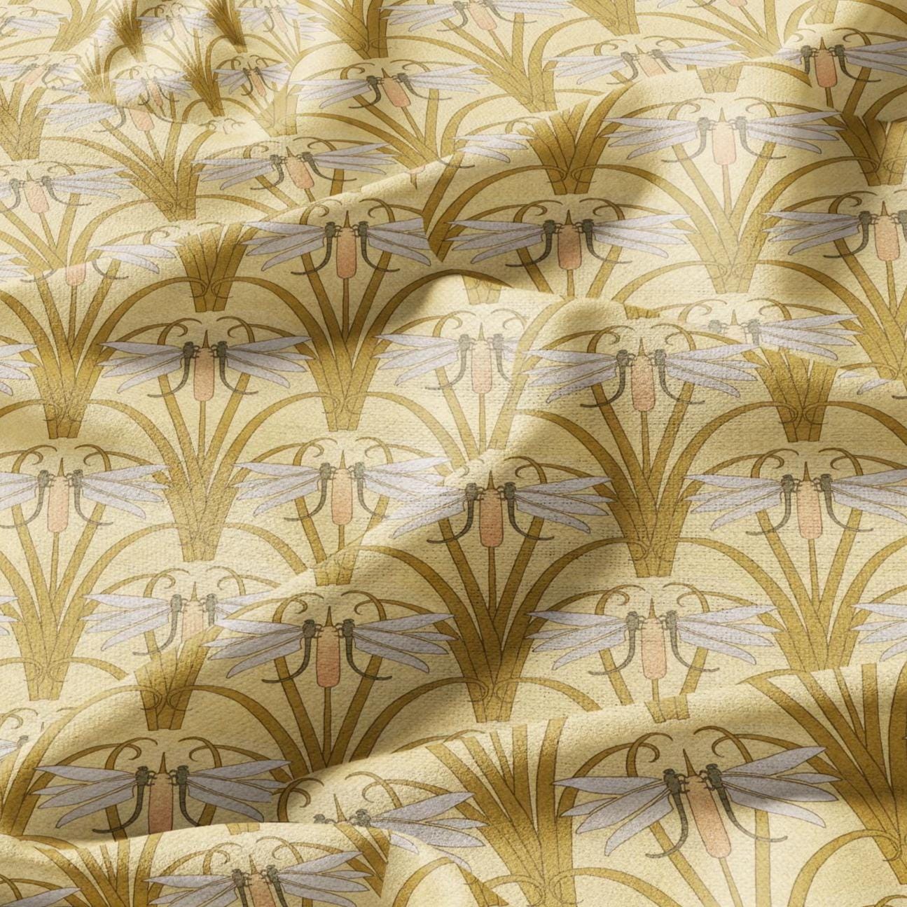 100% linen Art Nouveau Print fabric for Curtain Upholstery Cushion - Floral fabric DRAGONFLIES - fabric material for dress making sewing