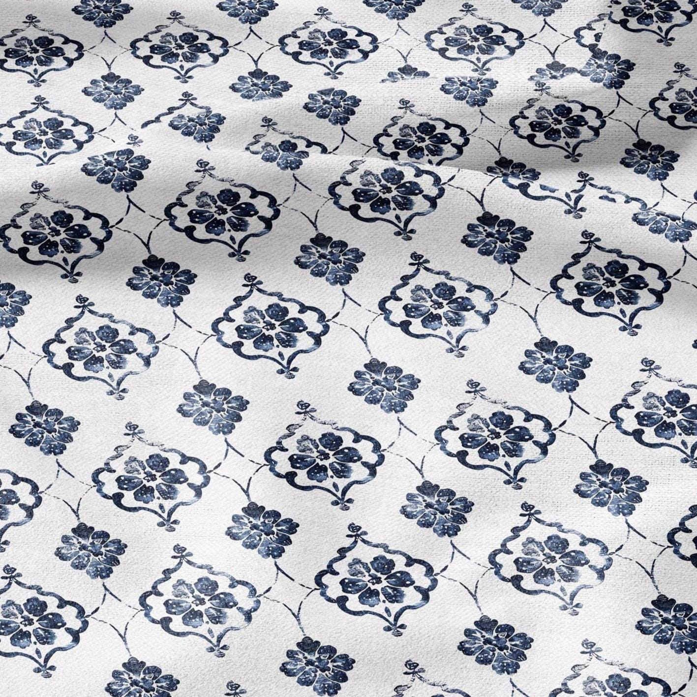 100% LINEN Fabric Greek blue flower print on white linen - Floral print flax fabric for uphlstery heavy / medium for clothing 2574