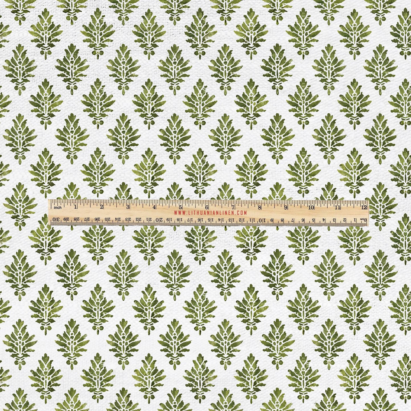 100% LINEN Fabric UPHOLSTERY 12oz - Kensi green block print on white - Modern Vintage Victorian floral upholstery 302