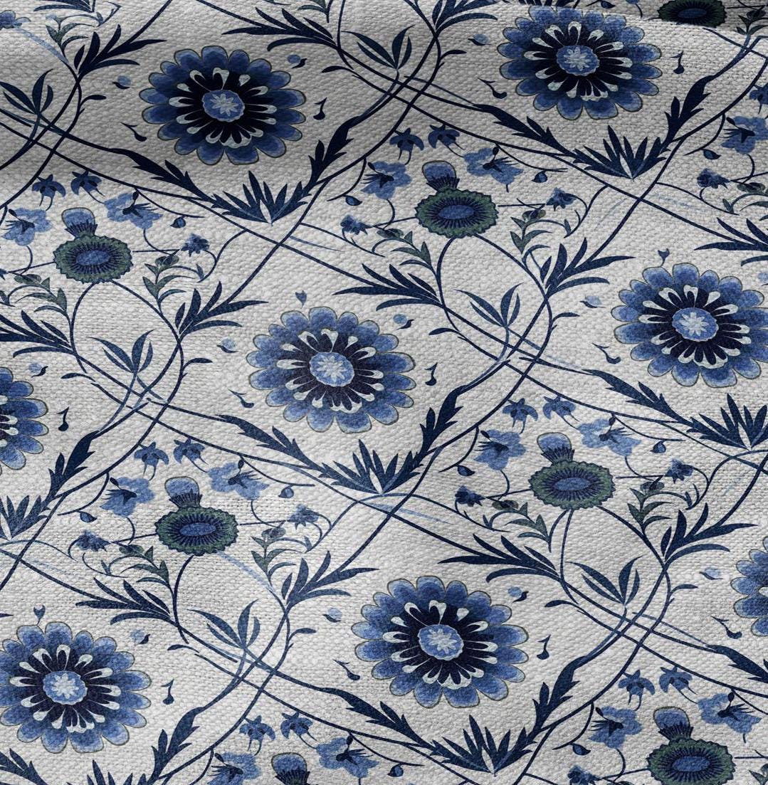 100% LINEN Fabric block print - linen fabric with blue white floral print - heavy linen fabric for upholstery home decor
