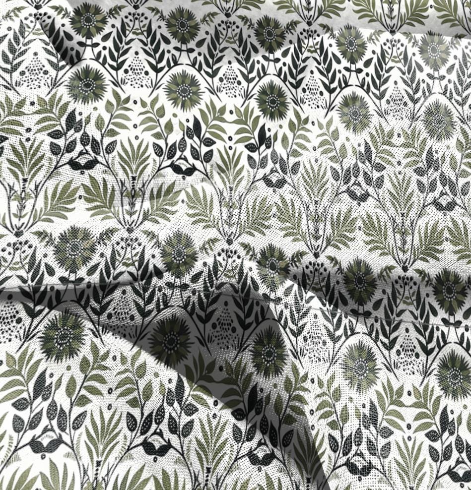100% LINEN Fabric Floral green white, linen fabric with botanical block print, heavy linen fabric for upholstery home decor curtains cushion