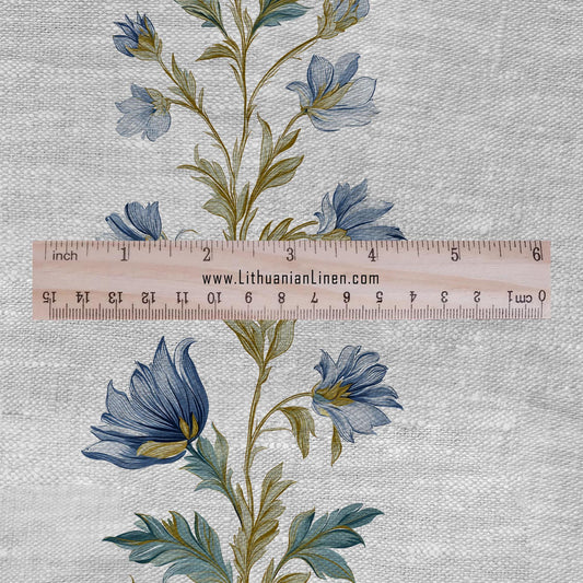 100% LINEN Fabric block print stripe floral blue green on grey - oatmeal linen fabric with botanical print for upholstery home decor 2915