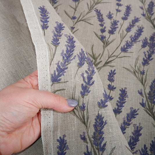 100% LINEN Fabric LAVENDER print on oatmeal linen - French county linen floral upholstery dress making curtains