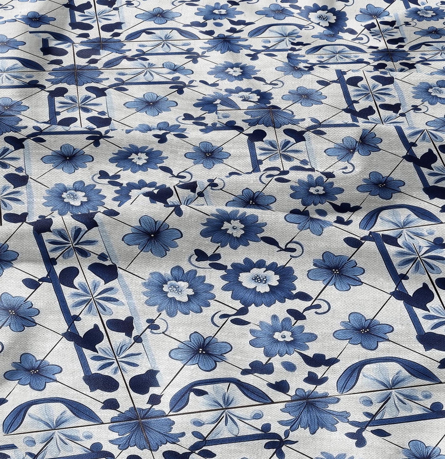 100% LINEN Fabric block print indigo blue white Portugal tile - mediterranean fabric floral print - linen fabric upholstery dress making