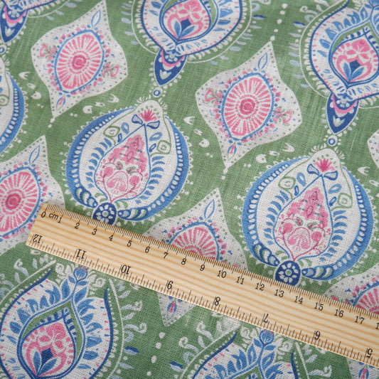 100% linen Vintage Green Paisley Print fabric for Curtain Upholstery Cushion - Vintage Indian block print fabric for dress making sewing