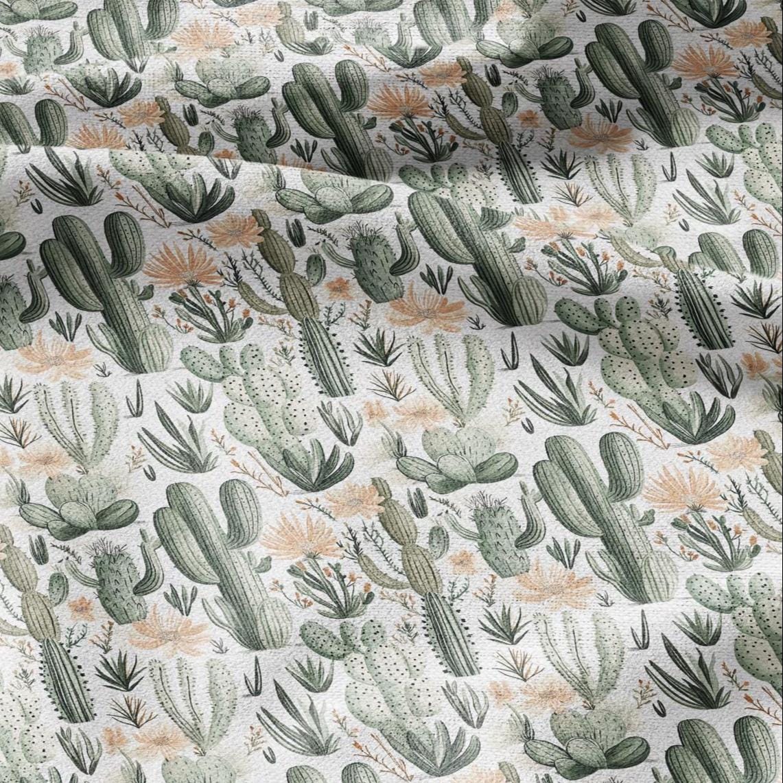 100% LINEN Fabric green Cactus - botanical flax fabric Greenery print upholstery dressmaking clothing - Tropical Desert fabric 2094