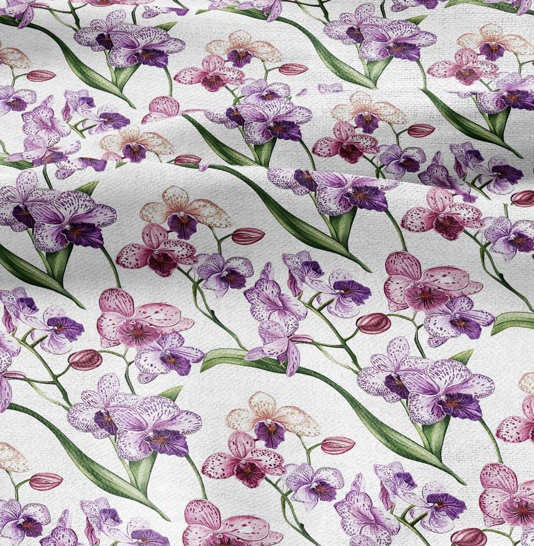 100% LINEN Fabric Floral pink purple orchid print - Hand Drawn Floral PINK Flower linen fabric upholstery home decor curtains pillowcases