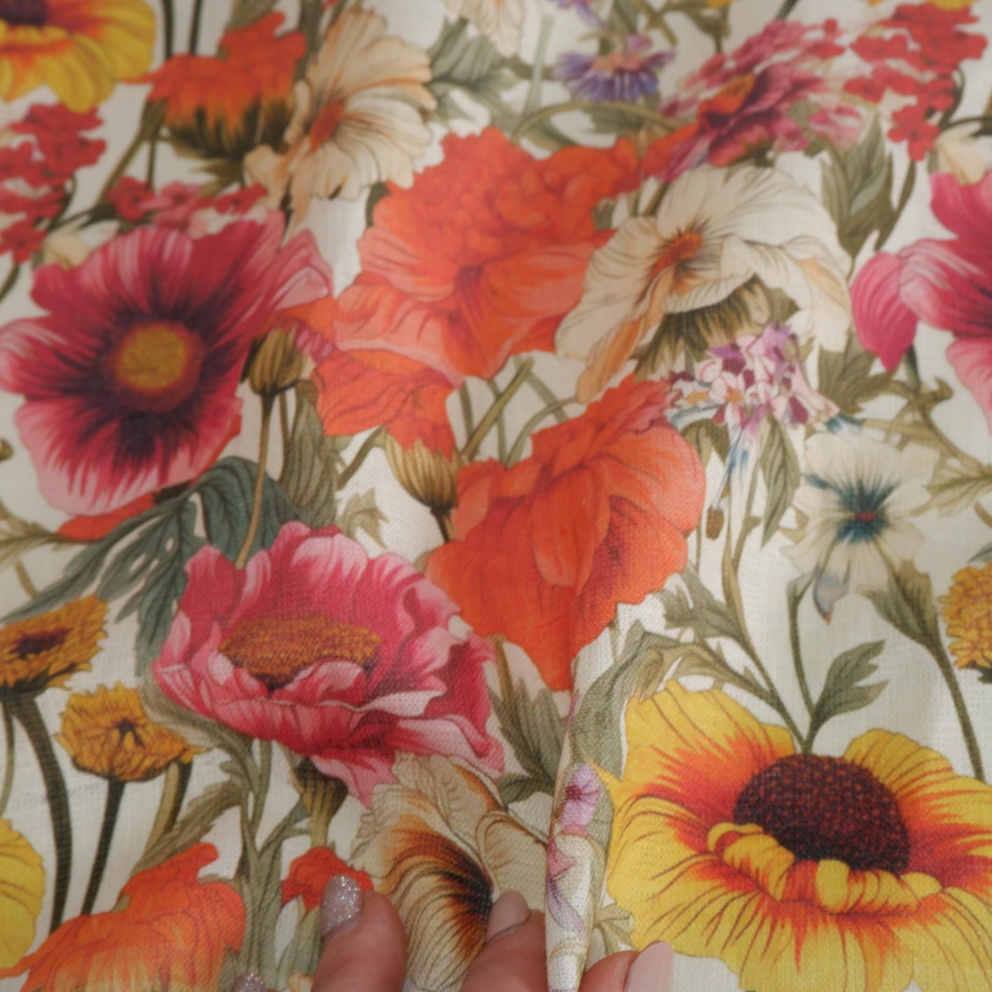 100% LINEN RED WILDFLOWERS floral print- white linen fabric with red poppies field print for upholstery home decor clothing