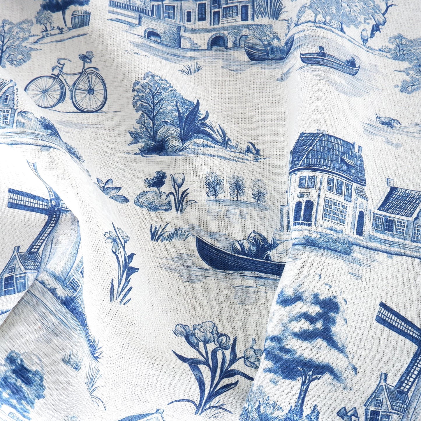 100% LINEN Fabric Delft Holland scenery - linen fabric with blue white print - heavy linen fabric for upholstery home decor tablecloth