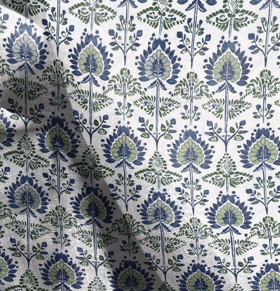 100% LINEN Fabric block print, linen fabric with indian blue floral print, heavy linen fabric for upholstery home decor