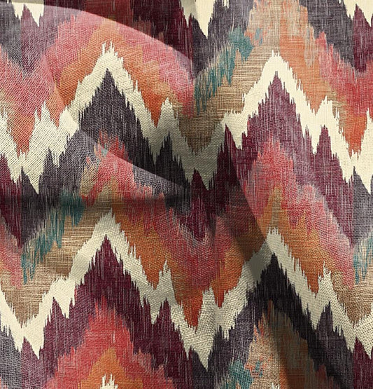 100% LINEN Fabric Abstract zigag WabiSabi , red ikat print on linen japandi wabi sabi linen print
