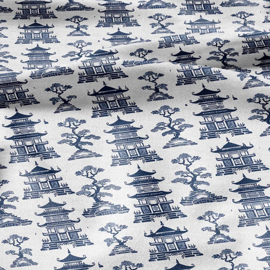100% LINEN Fabric Pagoda blue print - oriental for upholstery home decor - medium for dress making 2873
