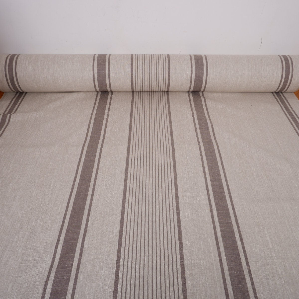 French Natural Linen Fabric with Grey Stripes , 100% linen Classic Textile for Home Decor and Crafts, Not Softened Heavyweight Linen Fabric.