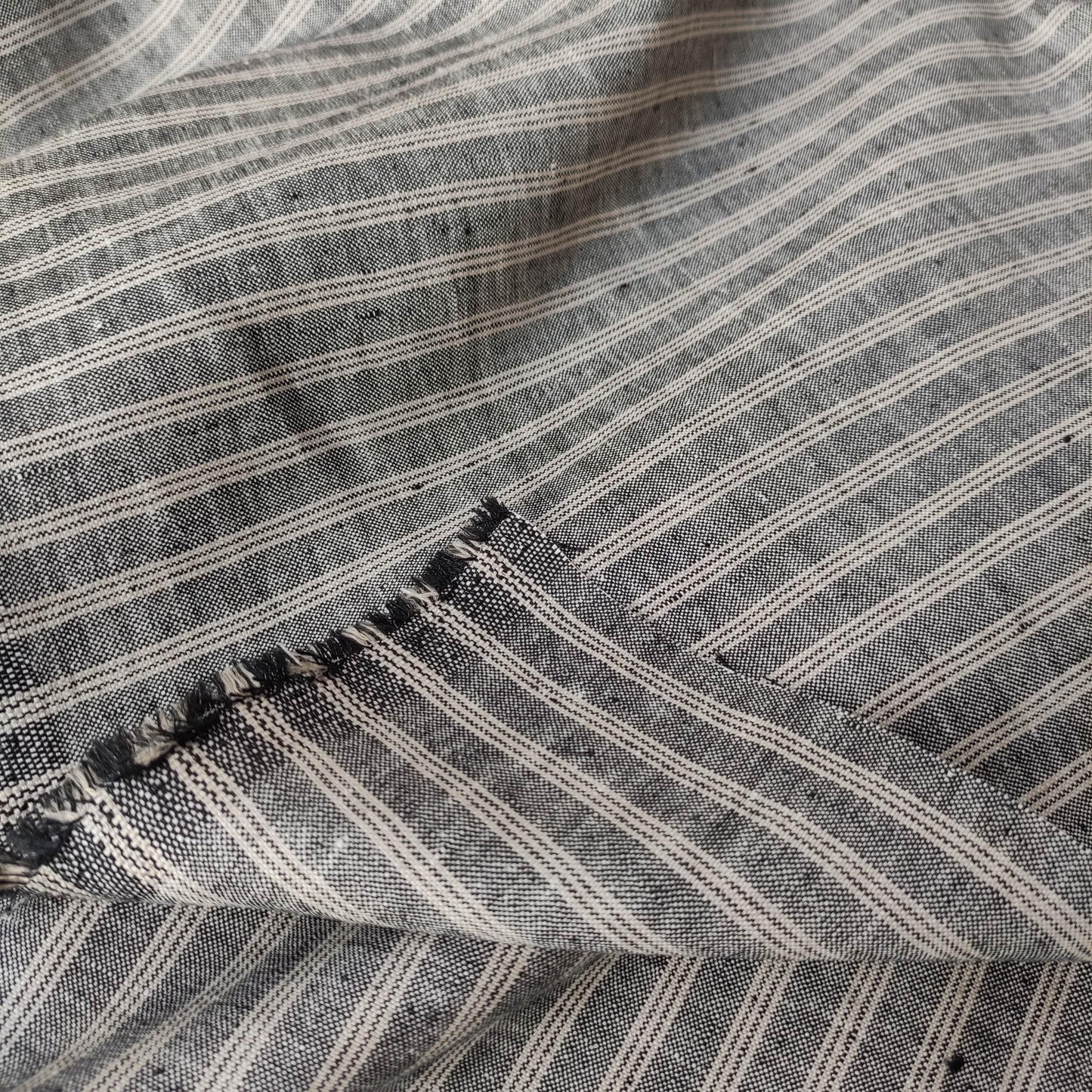Premium Linen striped Fabric in black natural linen | Marseille stripe Medium weight natural black stripes