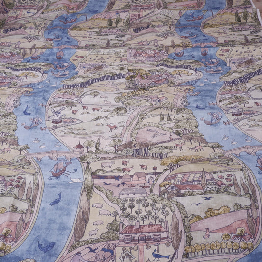 100% linen fabric - River Landscape Countryside - Victorian Art crafts - Historical pattern for upholstery dress making 2996