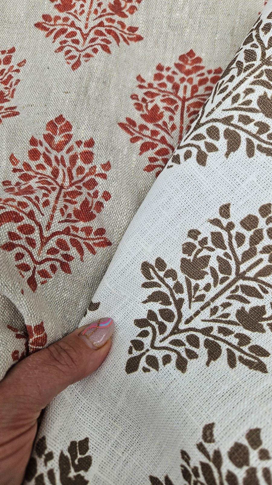 100% LINEN Fabric block print bron on white linen, botanical fabric with brown indian block print on linen for home decor upholstery