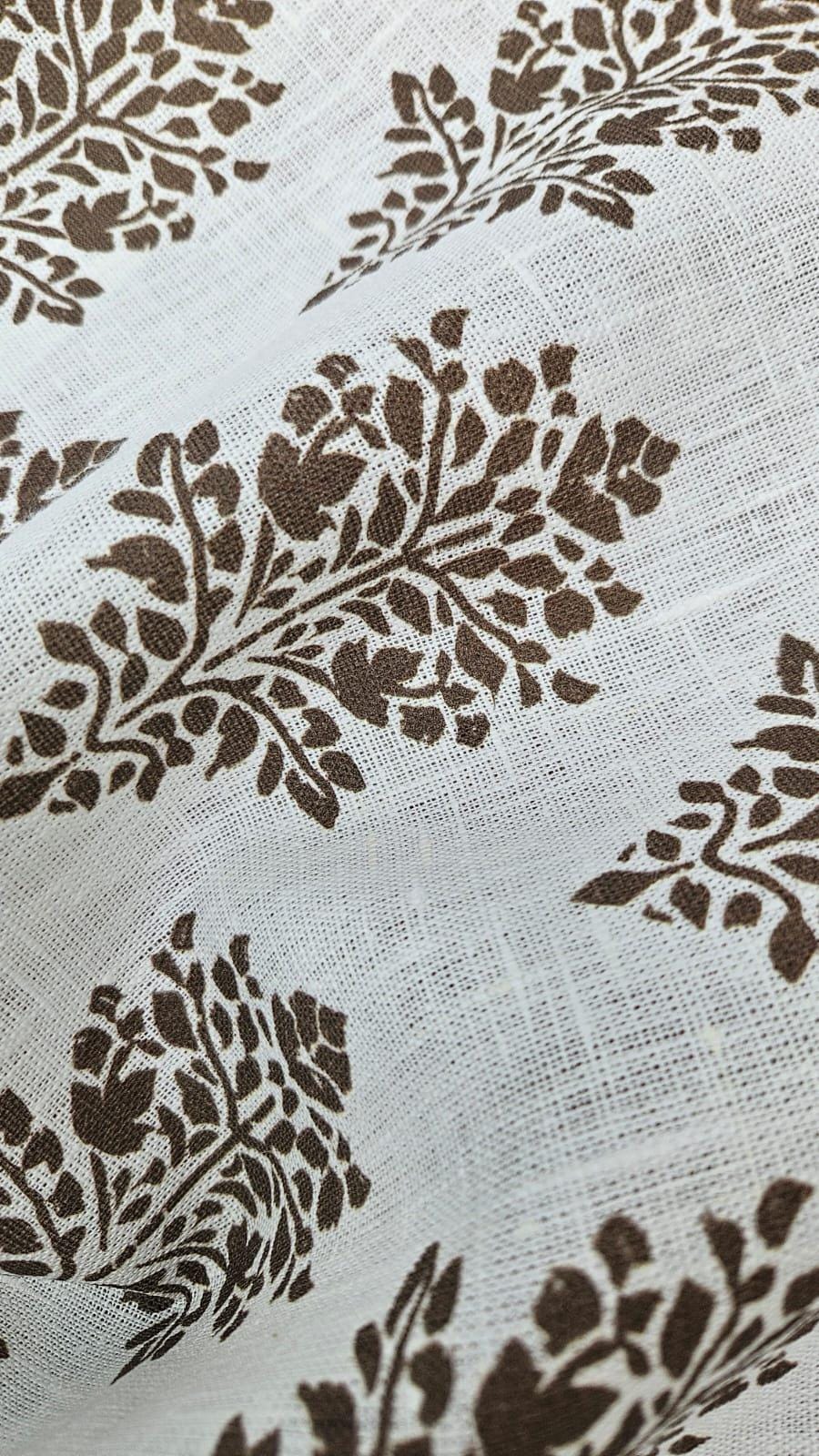 100% LINEN Fabric block print bron on white linen, botanical fabric with brown indian block print on linen for home decor upholstery