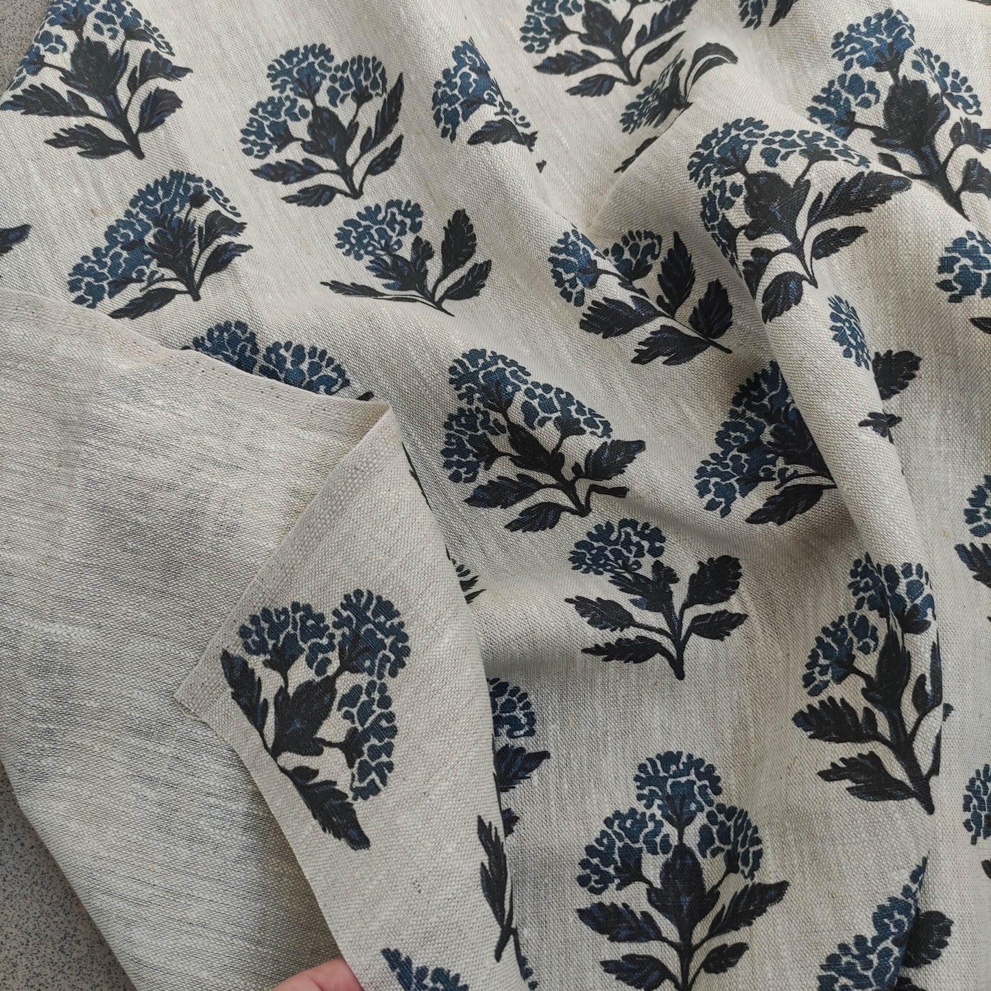 100% LINEN Fabric hand block print flowers - oatmeal linen fabric with blue green print Achillea - fabric for home decor upholstery