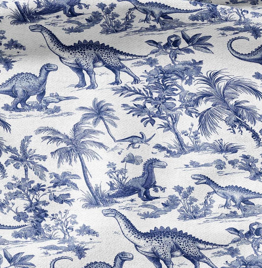 100% LINEN Fabric Toile de Jouy with dinosaures - white botanical fabric with blue indigo print - French linen floral Dino Nursery fabric