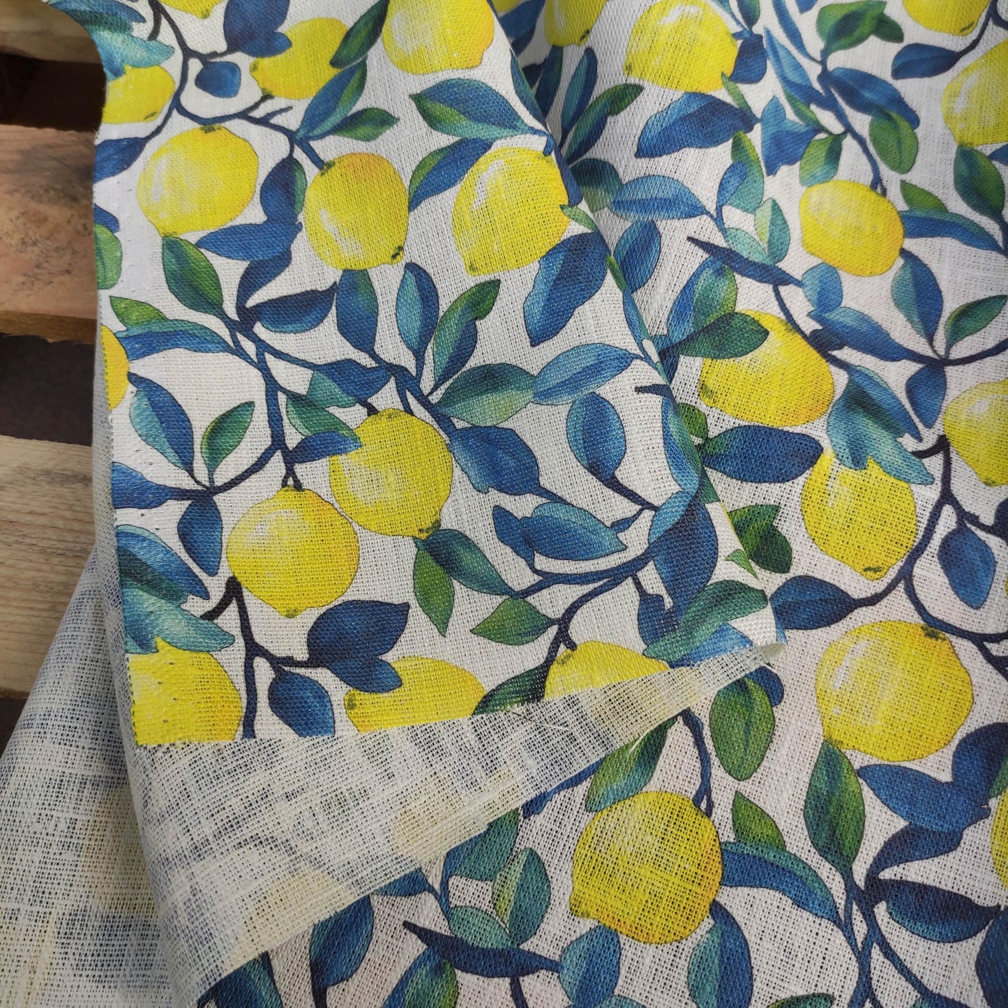 100% LINEN Fabric lemons print, oatmeal natur linen with Italian citrus print, linen fabric home decor upholstery with Italian lemon print