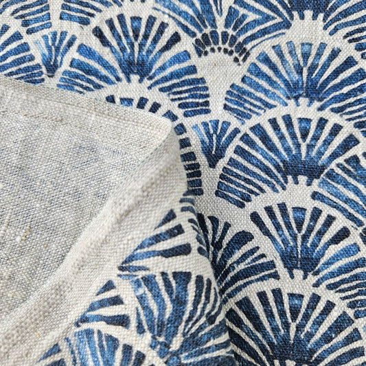 100% LINEN Fabric block print indigo blue white Japandi - Japanese fabric abstract fan print linen upholstery dressmaking sewing 2611